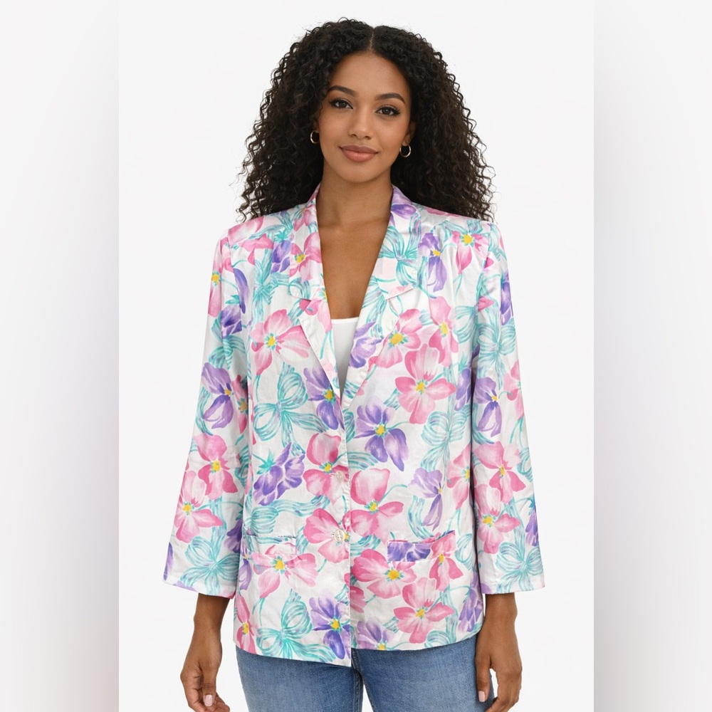 Vintage 80s 90s Floral Blazer Pastel Pink Purple Teal Lightweight Jacket Retro